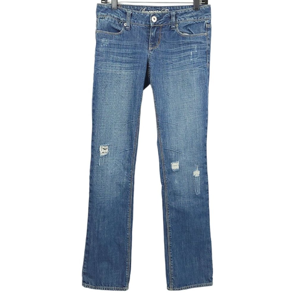 American Eagle 77 Straight Denim Jeans Womens Size 2R Distressed Medium Wash